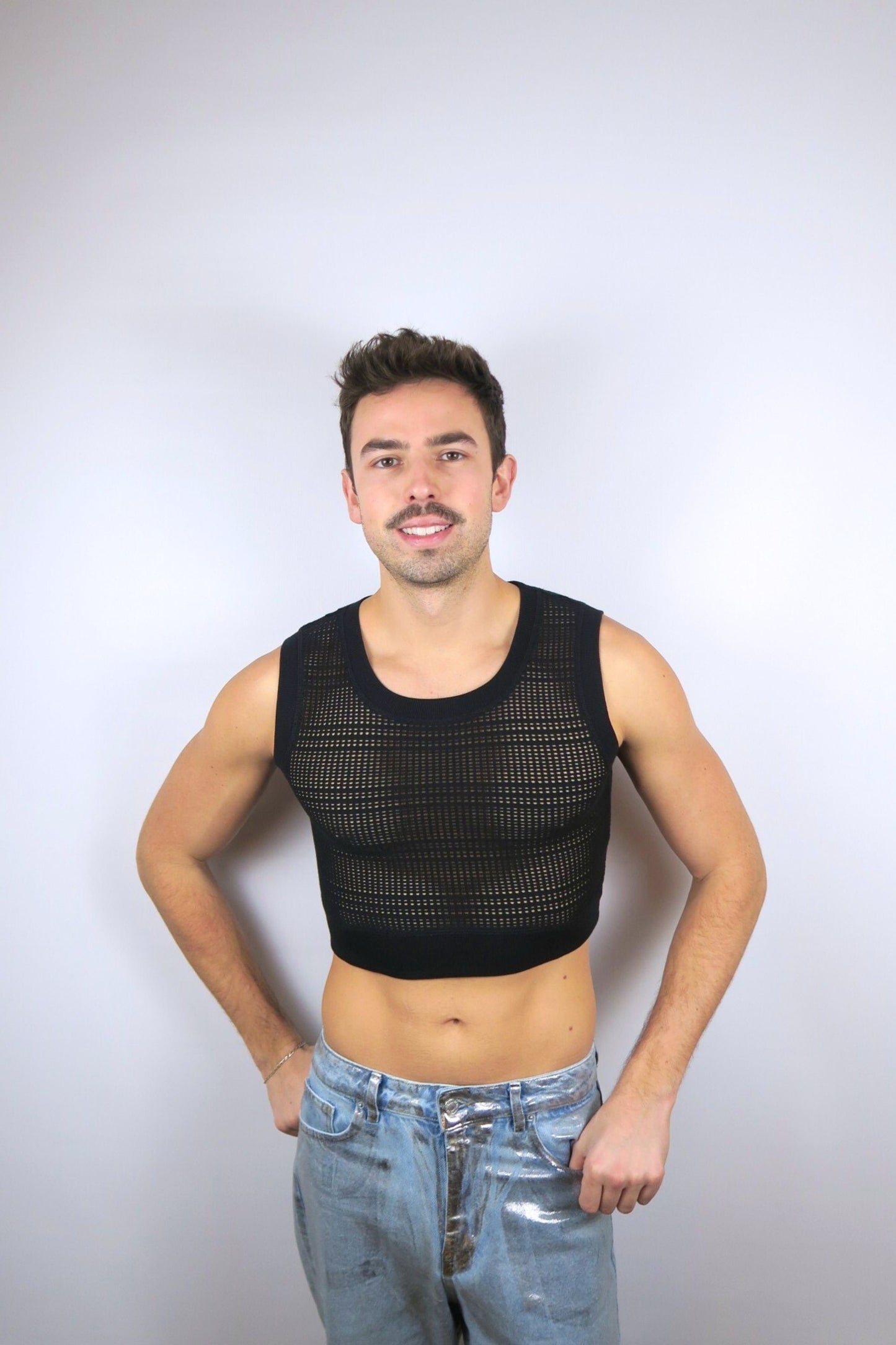 haut midnite court crop maille noir festival soiree homme sexy transparent debardeur