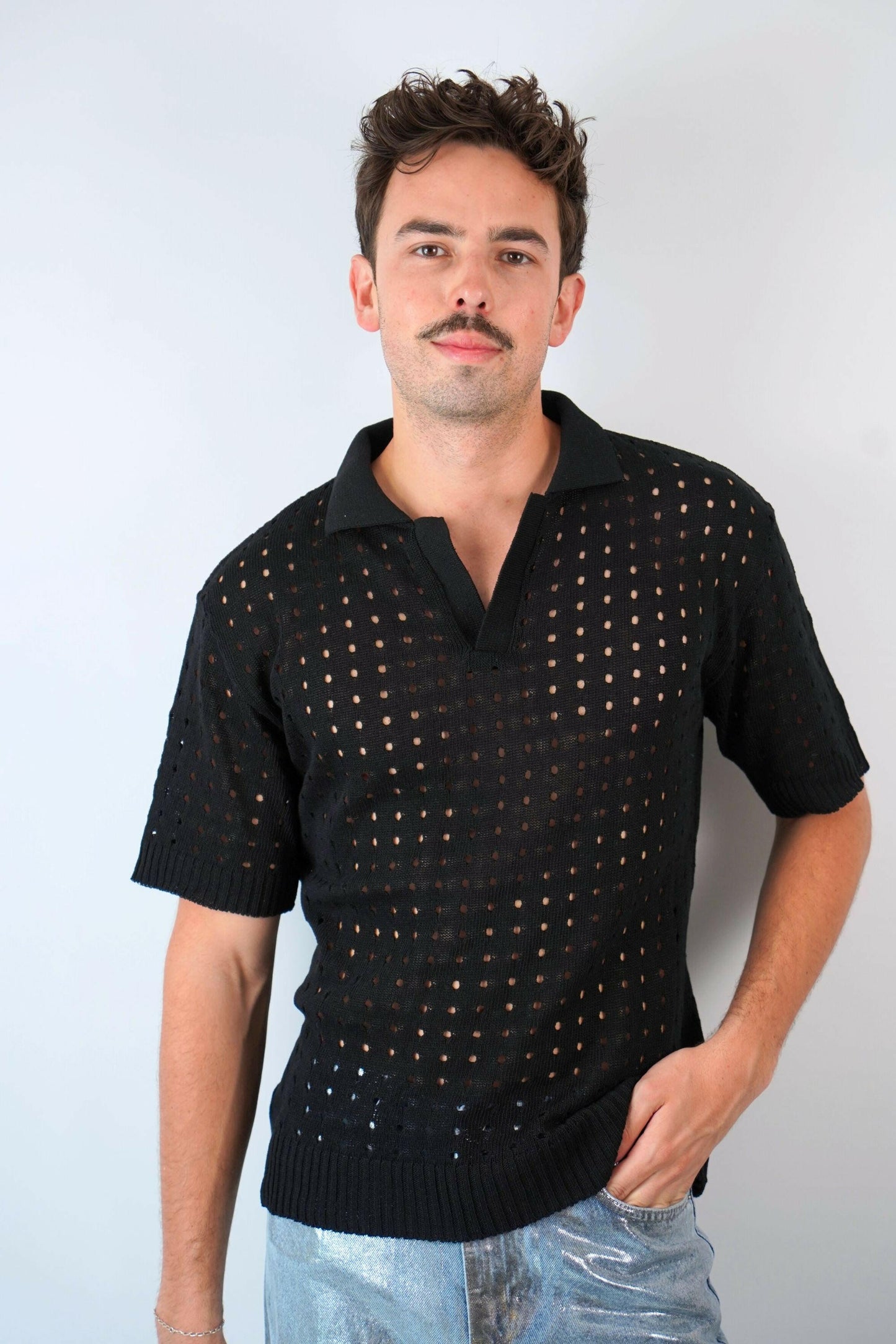 midnite polo noir ajoure maille trou homme soiree