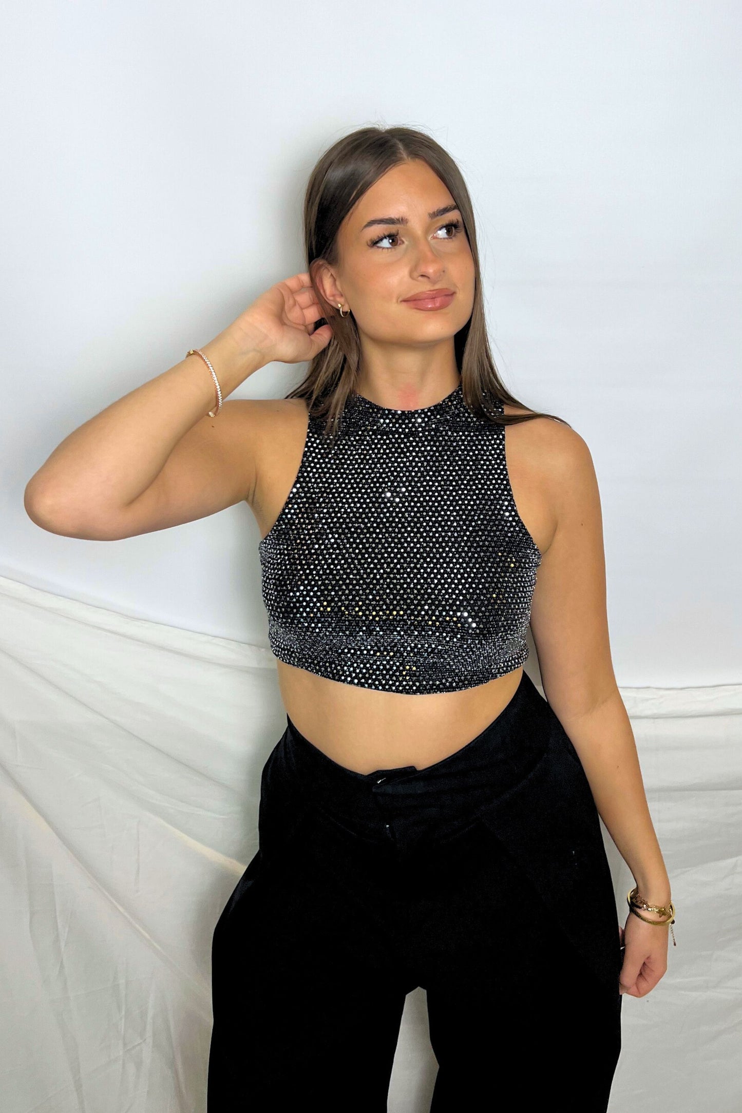 haut top midnite paillettes sequins argente silver femme festival techno disco made in france luxe summer soiree crop top dos ouvert nu