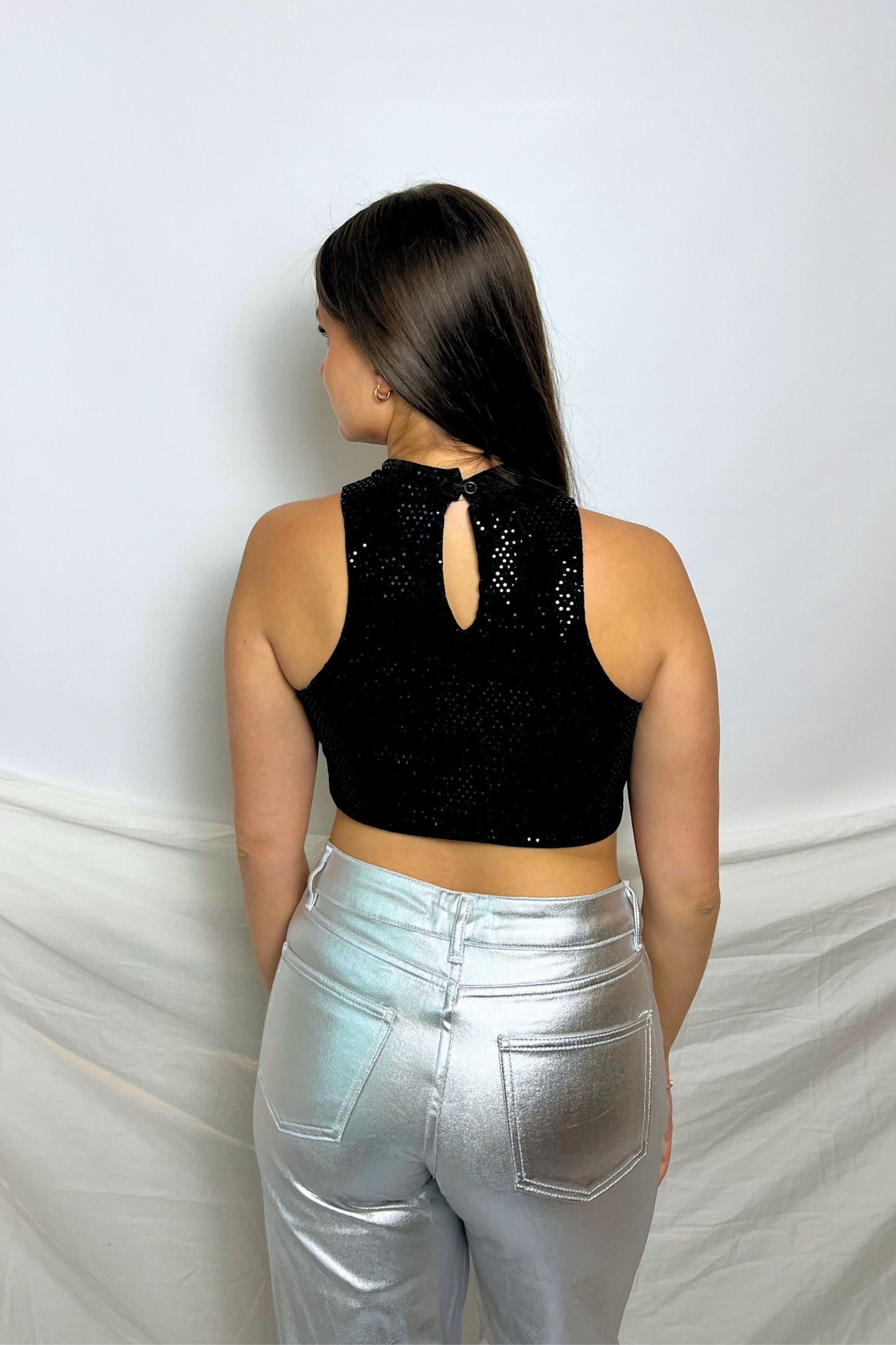 haut top midnite paillettes sequins noirs femme festival techno disco made in france luxe summer soiree dark festif nuit