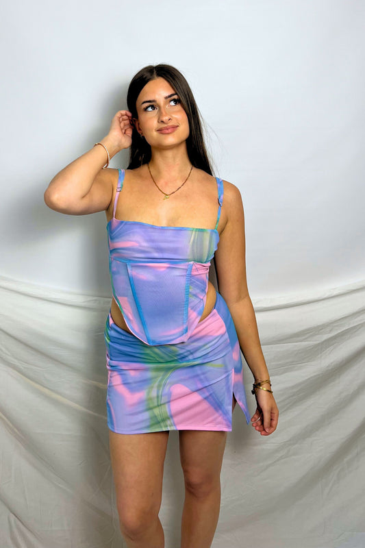 Ensemble haut jupe tie die couleurs femme midnite summer rose bleu festival ete mini crop bustier decolete