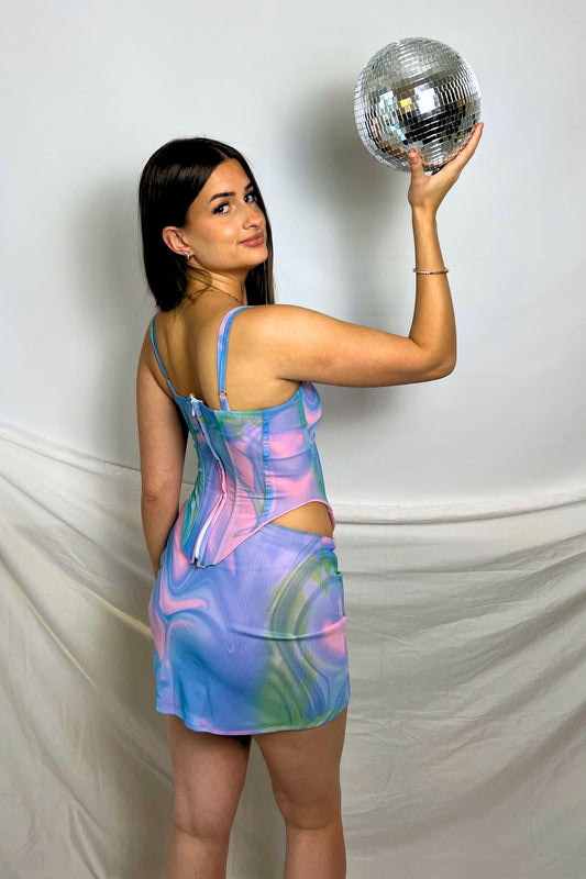 Ensemble haut jupe tie die couleurs femme midnite summer rose bleu festival ete mini crop bustier decolete