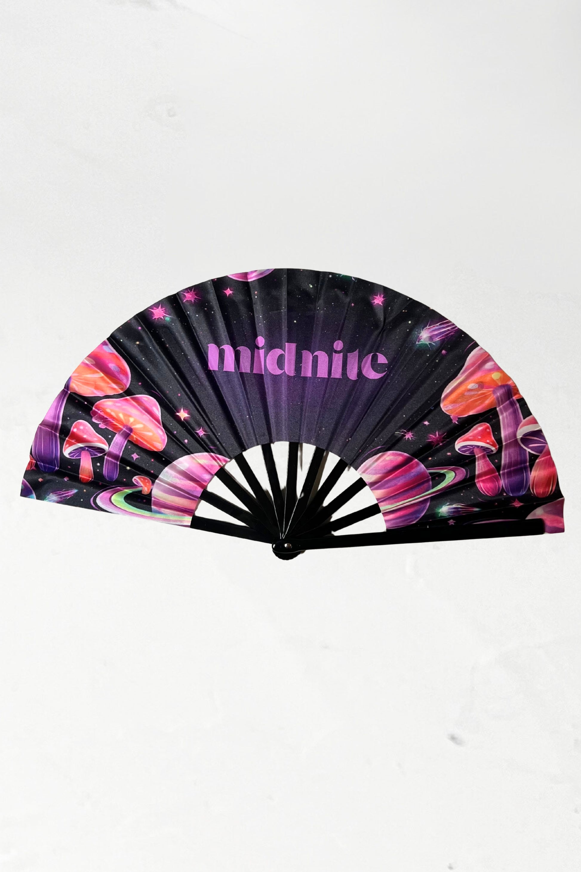 eventail fan midnite planete champignon festival soiree noir mauve rose orange style fete rave techno