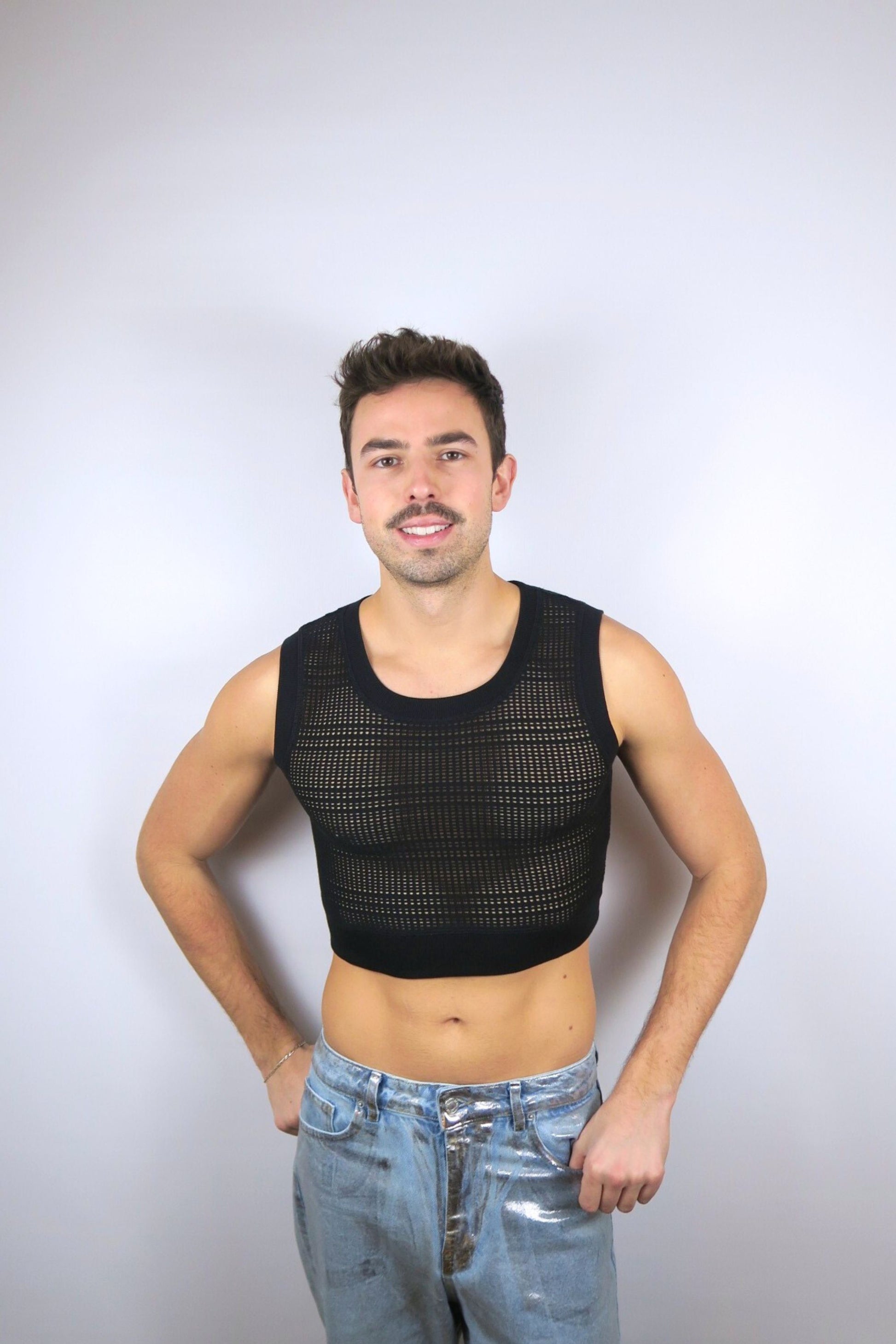 haut midnite court crop maille noir festival soiree homme sexy transparent debardeur