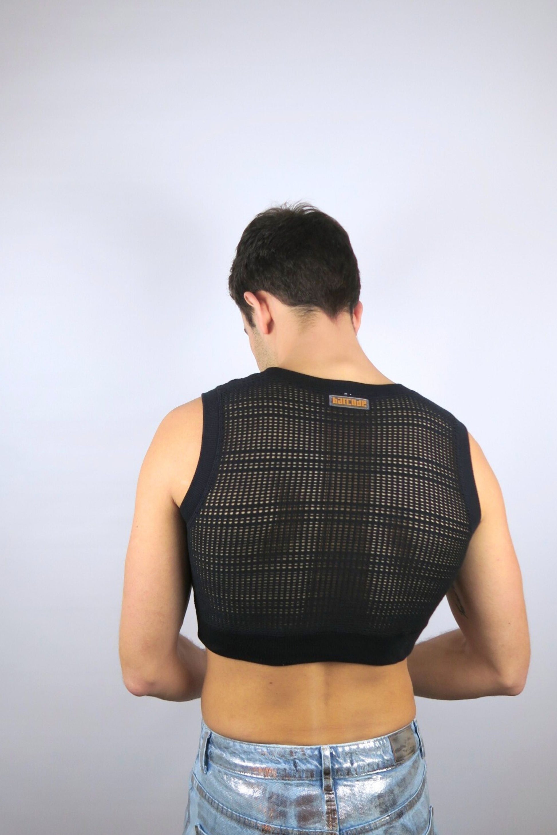 haut midnite court crop maille noir festival soiree homme sexy transparent debardeur