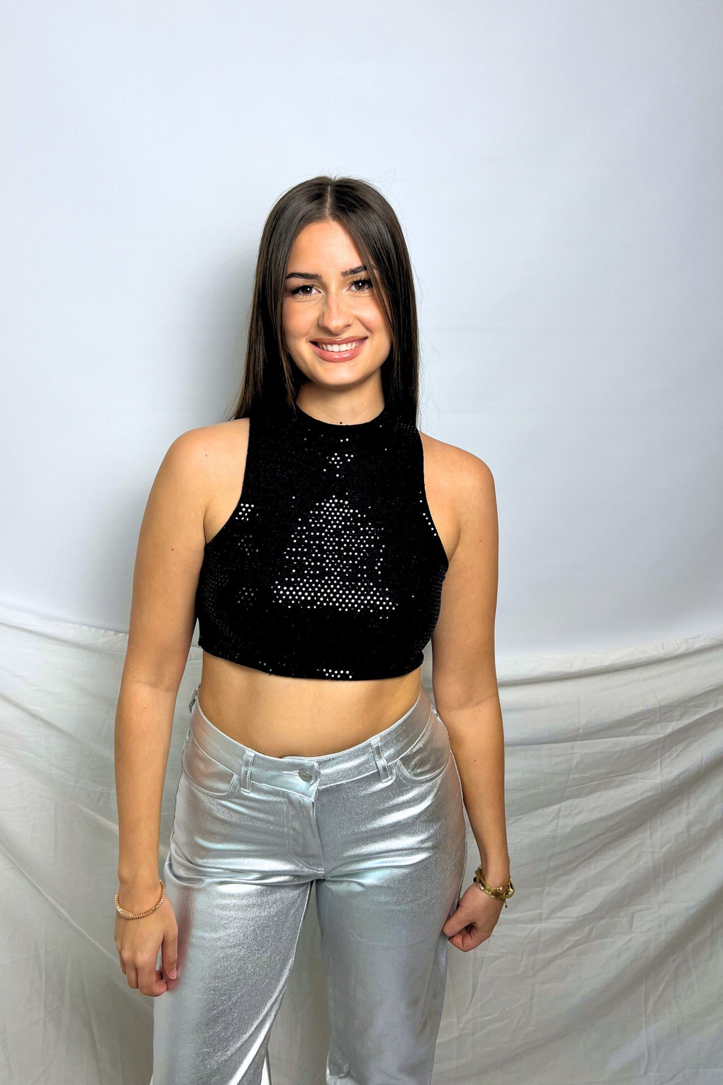 haut top midnite paillettes sequins noirs femme festival techno disco made in france luxe summer soiree dark festif nuit