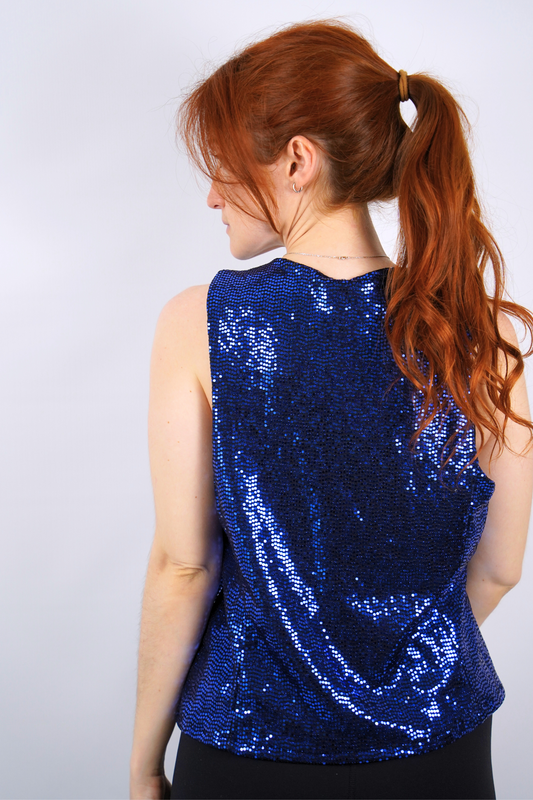 gilet paillettes sequins midnite bleu sans manche femme festival fete