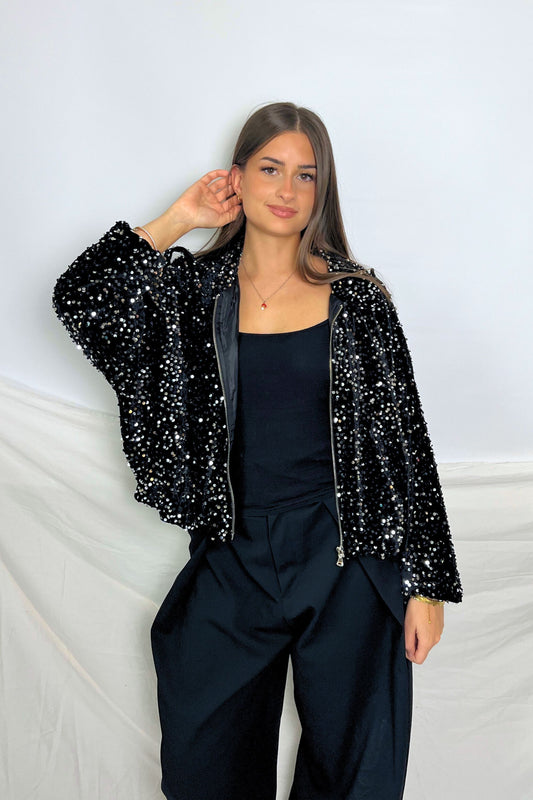 veste midnite sequins paillettes noir velours femme festival soiree techno disco argent velours bombers made in italie luxe sexy